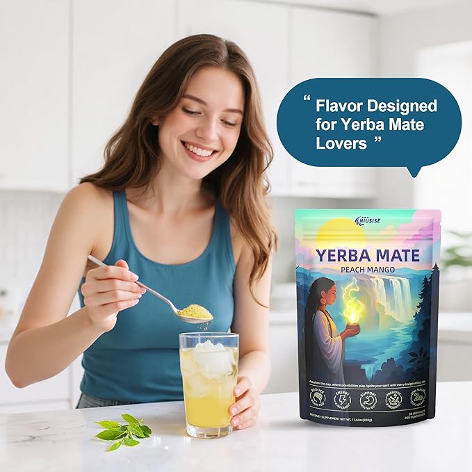Yerba Mate Instant Tea Powder, Super Yerba MateTea for Natural Energy & Gut Health, Reduce Brain Fog, Low Sugar Yerba Mate Tea with Prebiotics and Probiotics, Peach Mango 30 Servings
