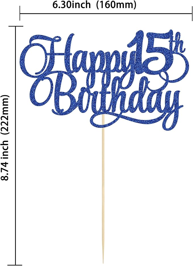 1 Pack Happy 15th Birthday Cake Topper Glitter Number 15 Fifteen Years Old Birthday Cake Pick Decoration for 15th Birthday Celebrating Anniversary Party Supplies Blue
