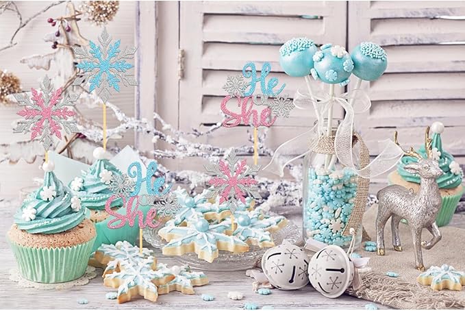 24PCS Snowflake He or She Cupcake Toppers for Gender Reveal Decorations, Frozen Snowflake Boy or Girl Cake Topper for Winter Baby Shower Decorations (B/G)
