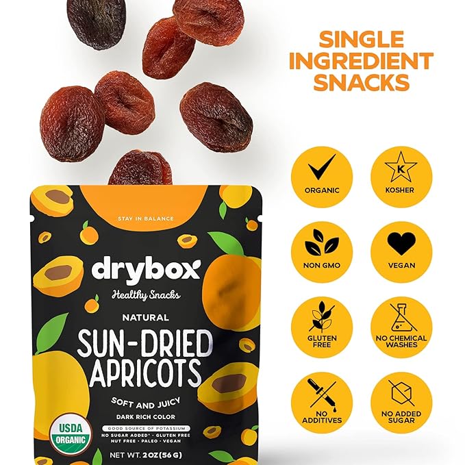 Drybox Unsulfured Sun Dried Turkish Apricots 12 Lunch Packs, Unsweetened No Sugar Added, Non-GMO Organic Dry Apricots for School, Gym, and Office | 2 oz per Portion Pack, 12 Packs Family Size
