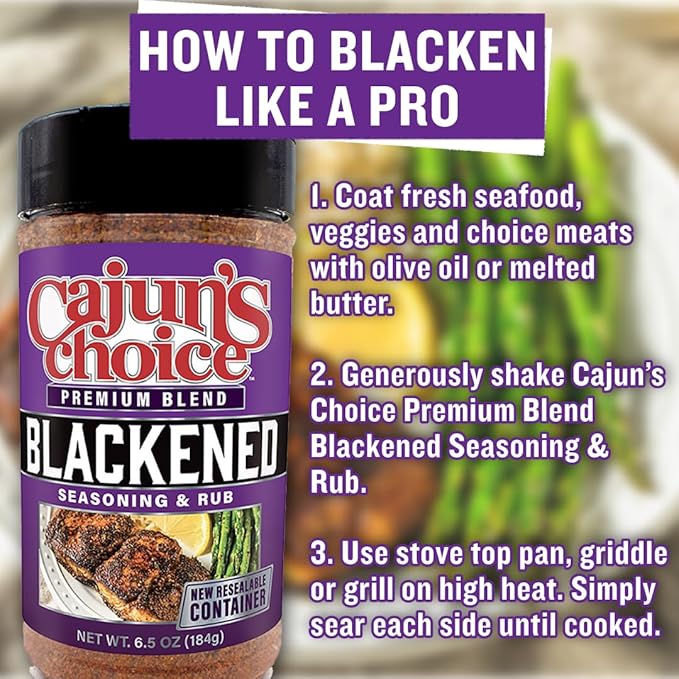 Cajun Choice Blackened Seasoning 6.5 OZ (Pack of 3) - Use for Grilling or Cooking Fish, Chicken, Pork, Steak, Vegetables, Burgers, Salmon, Soups, and anything else you want to Add Authentic Louisiana Flavoring to any Dish - (New Look - Same Great Taste)