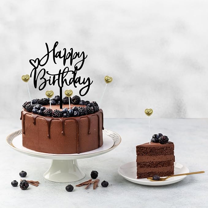 ZHENGYE Set of 1 Black Acrylic Happy Birthday Cake Topper And 5 Pieces Gold Heart-Shaped Cupcake Topper Cake Decoration Supplies for Baby Shower Birthday Decorations(Black 16)
