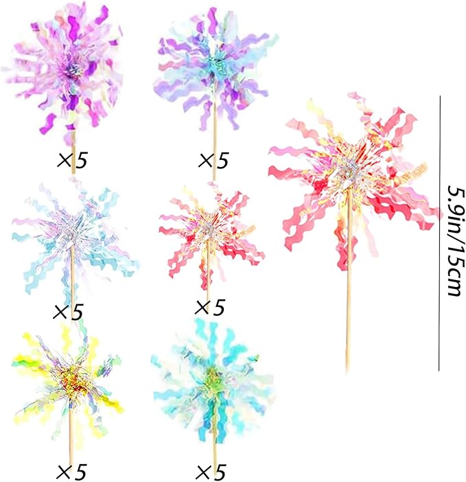 30 Pieces Happy Birthday Cake Toppers Foil Firework Cupcake Toppers Sparkle Tinsel Flower Drink Stirrers for Cake Decoration Party Supplies