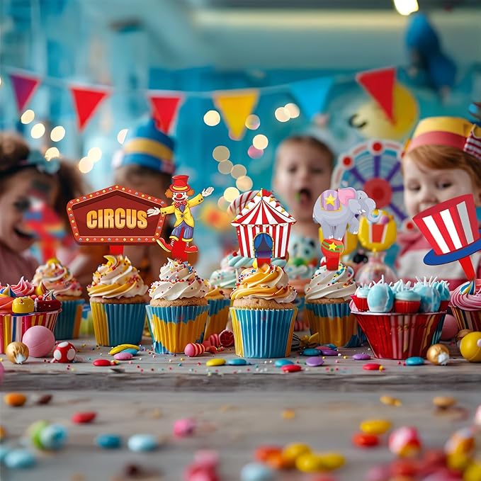 40 Pcs Circus Toppers - Carnival & Circus Party Decorations - Perfect for Cupcake, Cake & Baby Shower