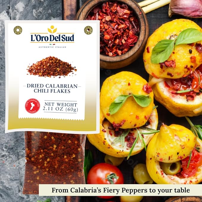 Dried Calabrian Chili Flakes, 2.11 oz (60 g), Crushed Hot Chili Peppers, Non-GMO, Calabrian Chili Certified, Product of Italy, L'Oro Del Sud