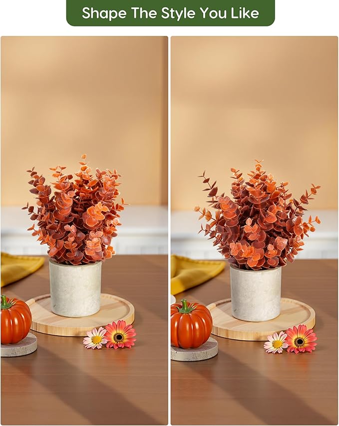 Velener 3 PCS Small Fake Eucalyptus Plant Artificial Potted Plants Indoor for Desk, Shelf, Home Decor Realistic Faux Plant for Office, Bathroom, Living Room Decoration (Fall Green/Orange/Black)