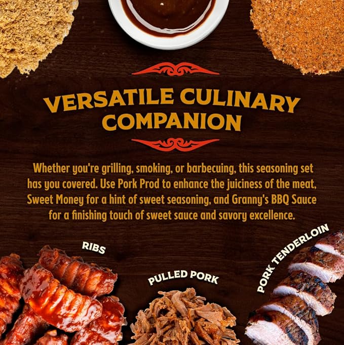 Big Poppa's Pork Bundle – Includes Succulent Pork Prod Injection, Award-Winning Sweet Money Seasoning & Savory Granny's Sauce – Flavorful BBQ Seasoning Trio for BBQ Lovers