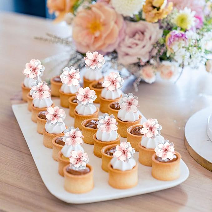 40 PCS Edible Cherry Blossoms Cake Decorations Edible Cherry Blossoms Cupcake Toppers Wafer Paper Flowers Cake Toppers for Baby Shower Kids Birthday Party Cake Food Decorations Supplies Pink