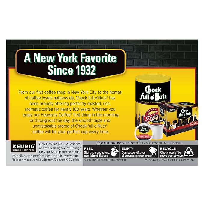 Chock Full o'Nuts Upper West Side Coffee, Dark Roast, Compatible with K-Cup Pods, 12 CT (Pack of 3)