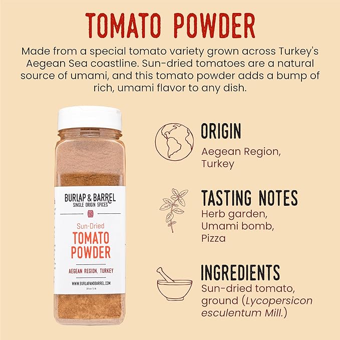 Burlap & Barrel Sun-Dried Tomato Powder - Deep Umami and Savory Tanginess for Popcorn, Fried Chicken, Sauces & Salads - As seen on Shark Tank - 16oz Plastic Container