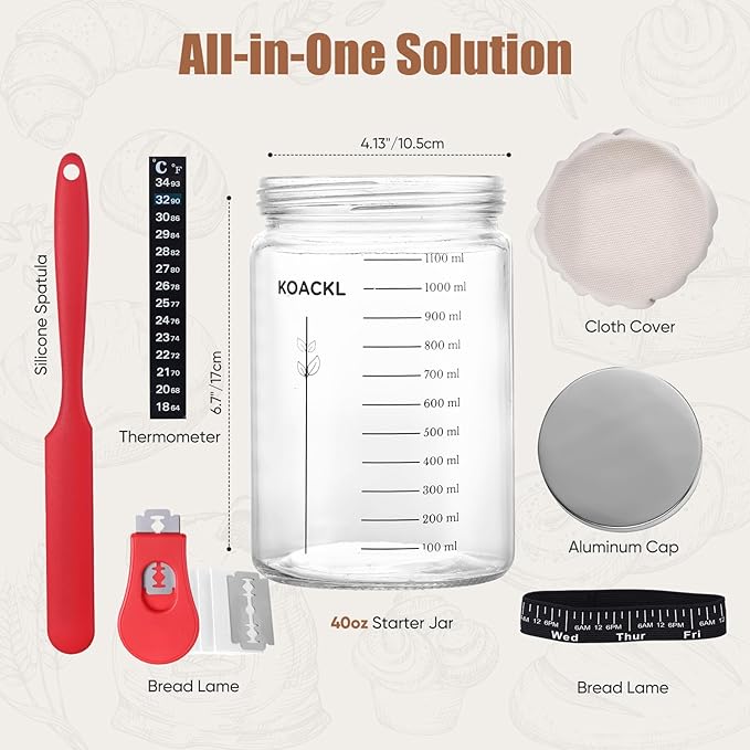 Koackl Sourdough Starter Jar, 40oz Sourdough Starter Kit with Magnetic Bread Lame, Thermometer, Long Scraper, Cloth Cover & Lid for Sourdough Bread Baking Supplies