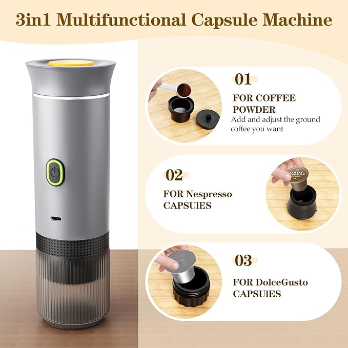 3-in-1 Portable Espresso Maker, Travel Coffee Maker, Self-Heating Car Coffee Maker with USB-C, Small Espresso Machine with Ground Coffee & Capsules (NS竊낪G) for RV, Hiking, Office (silver)