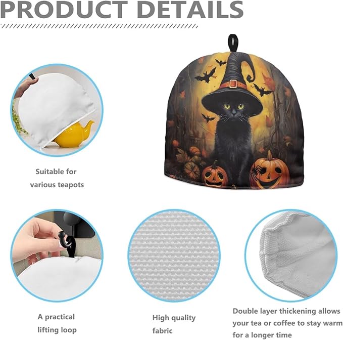 Black Cats Tea Cozy for Teapot Insulated Reusable Kettle Cover Breakfast Warmer Pumpkins Tea Pot Cozy for Keeping Warm All Saints' Eve Thick Teapot Dust Protector