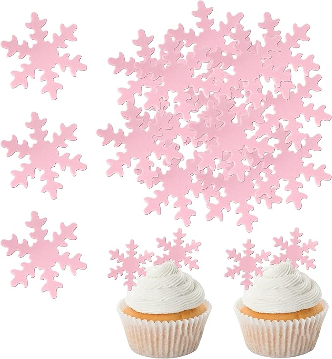 Rsstarxi 50 Pack Pink Edible Snowflake Cake Decorations Snowflakes Cupcake Toppers Winter Frozen Snowflake Cake Decorations for Baby Shower Kids Birthday Winter Party Decorations