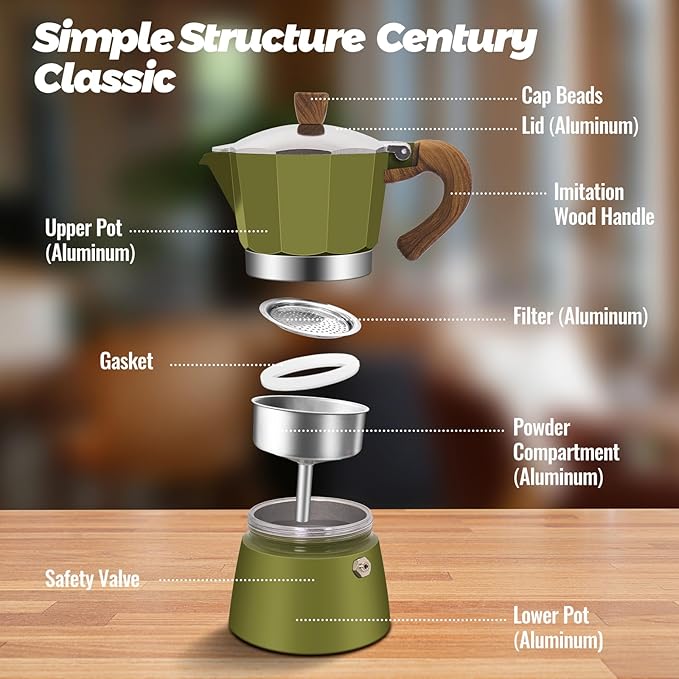 3 Cup Aluminum Moka Pot Classic Stovetop Espresso Coffee Maker 150ml 5oz Coffeemaker Percolator Mocha Pot Greca Coffee Maker Cafe Makers for Italian and Cuban Cafì±?Brewing Green