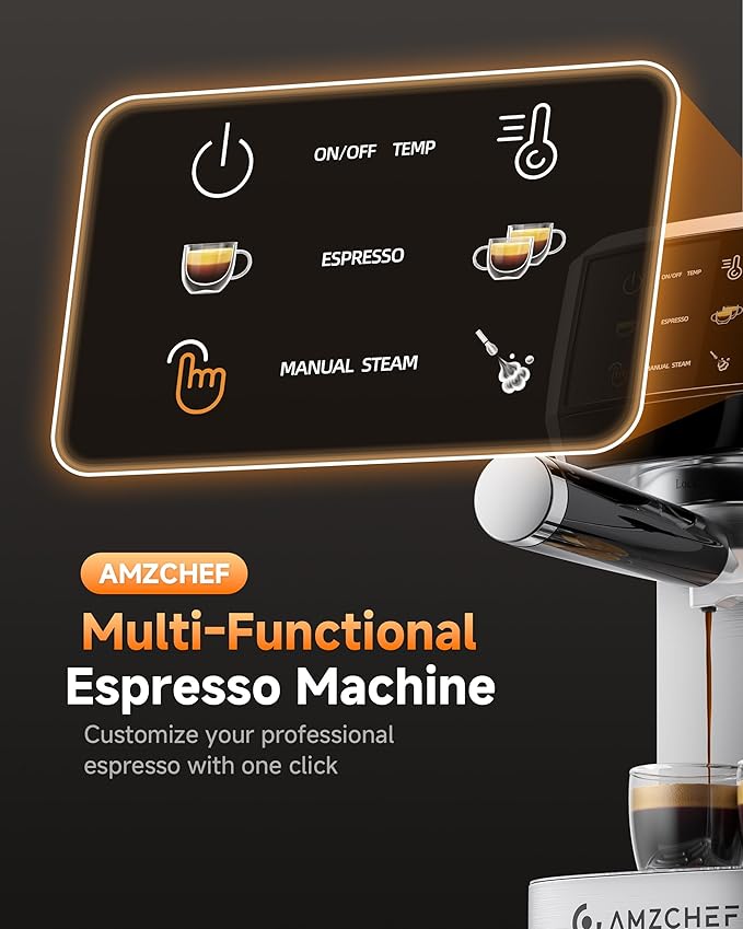 AMZCHEF Espresso Machine 20 Bar ??Professional Coffee Maker with Milk Frother, Adjustable Temperature & Pressure, Compact Stainless Steel Espresso Maker for Cappuccino, Latte, Mocha, 44oz Water Tank