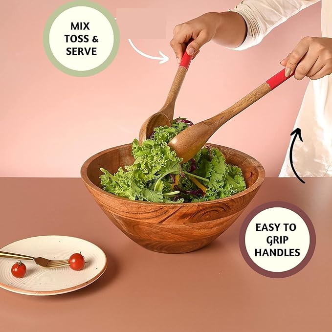 Folkulture Wooden Salad Serving Utensils or Salad Tongs, Salad Servers for Wooden Salad Bowl Set, Salad Tongs for Serving, Salad Hands for Kitchen Decor, 12-inch Spoon and Fork Set, Red