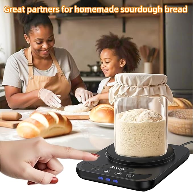 Sourdough Starter Warmer Mat - 12H Timer & Precise 1°F Thermostat (70-100°F) - Auto On/Off - Fits 40oz Jars for Home Baking (Black)