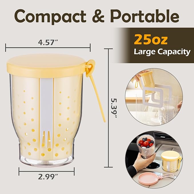 25 Oz Travel Fruit Cups for Car,Fruit Salad Storage Cup with Fork and Lids,Leakproof Reusable Snack Containers,Airtight Food Storage Containers,Reusable for Travel,Party,Office (White)
