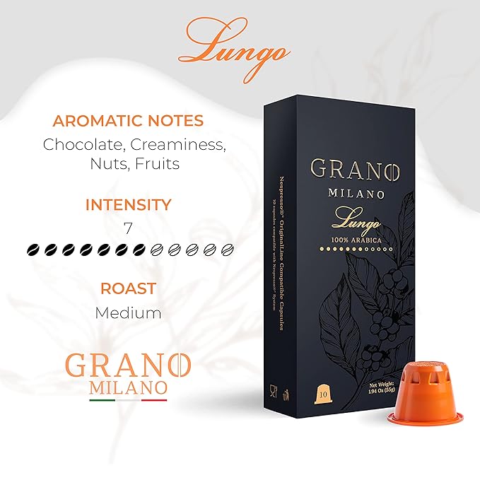 Grano Milano Lungo - 50 Espresso Pods Compatible with Nespresso Original line, 100% Arabica Medium Roast - Intensity 7/12, Coffee Capsules Made in Italy Espresso Coffee