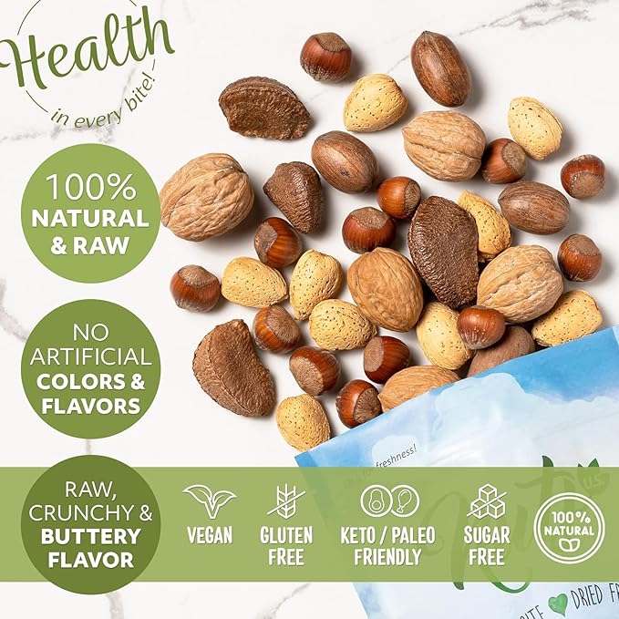 NUTS U.S. ??Mixed Nuts In Shell (Almonds, Walnuts, Hazelnuts, Pecans, Brazil Nuts) | No Added Colors and No Artificial Flavors | Fresh Buttery Taste and Raw |Packed In Resealable Bags!!! (2 LBS)