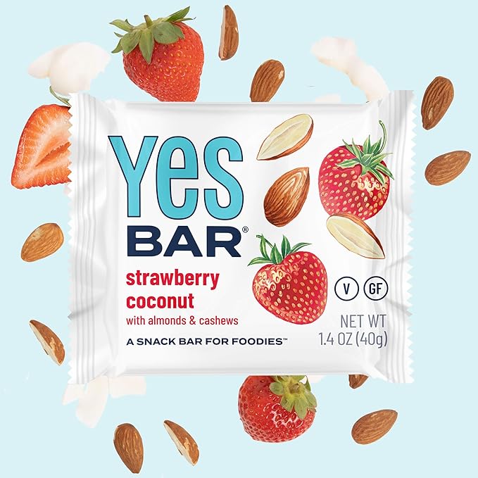 The YES Bar ??Strawberry Coconut ??Plant Based Protein, Decadent Snack Bar ??Vegan, Paleo, Gluten Free, Dairy Free, Low Sugar, Healthy Snack, Breakfast, Low Carb, Keto Friendly (24 Count)