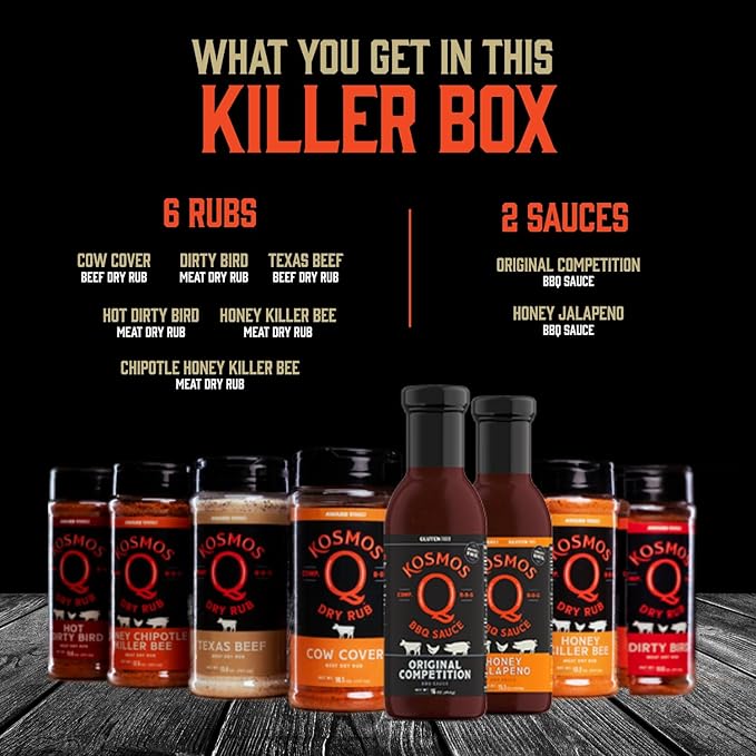 Kosmos Q Pitmaster BBQ Sauce & Spice Gift Set – 8-Piece Grill Seasoning Sampler with Barbecue Sauces & Meat Rubs (8 Flavors) – Perfect BBQ Gifts for Men