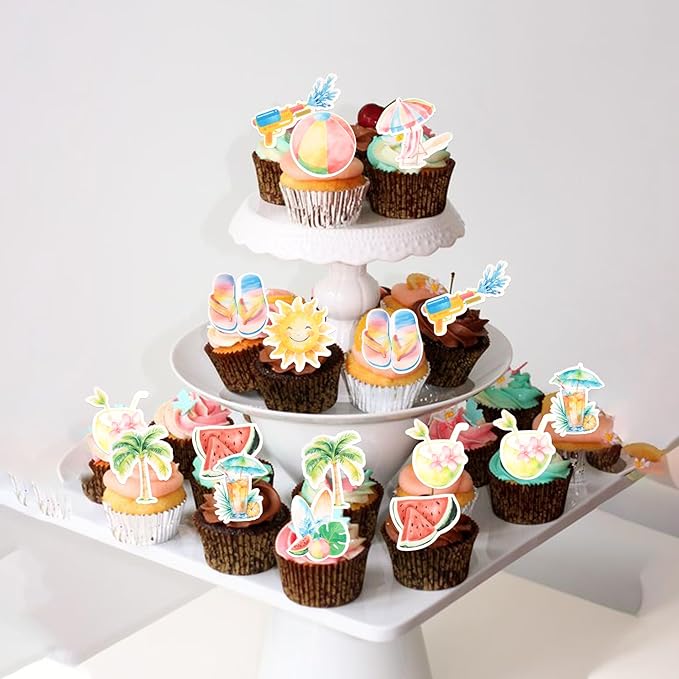60 Pack Edible Summer Beach Theme Cake Topper Umbrella Chair Palm Tree Watermelon Coconut Cake Pick Hawaiian Beach Cupcake Decorations for Baby Shower Birthday Wedding Party Supplies