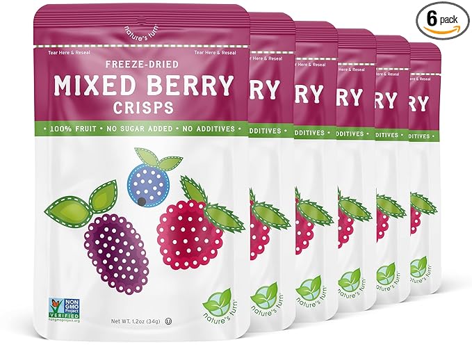 Nature's Turn Freeze-Dried Fruit Snacks, Mixed Berry Crisps, Pack of 6 (1.2 oz Each)