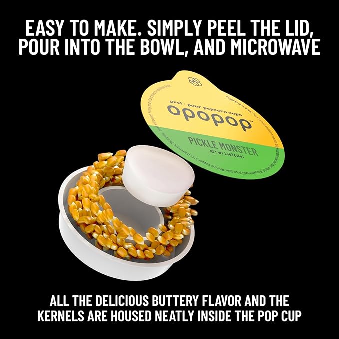 Opopop Microwave Popcorn - Pop Cups Pickle Monster 6-Pack, Non-GMO Gourmet Popcorn Kernels & Popcorn Flavoring, Gluten Free Snacks, Easy to Make and No Mess