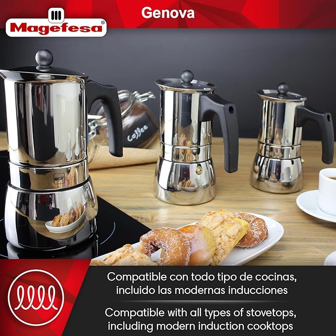 MAGEFESA Genova Stovetop Espresso Maker, 4 Cups/6.5 oz, 18/10 Stainless Steel Moka Pot, Italian Greca Coffee Maker, Suitable for Induction