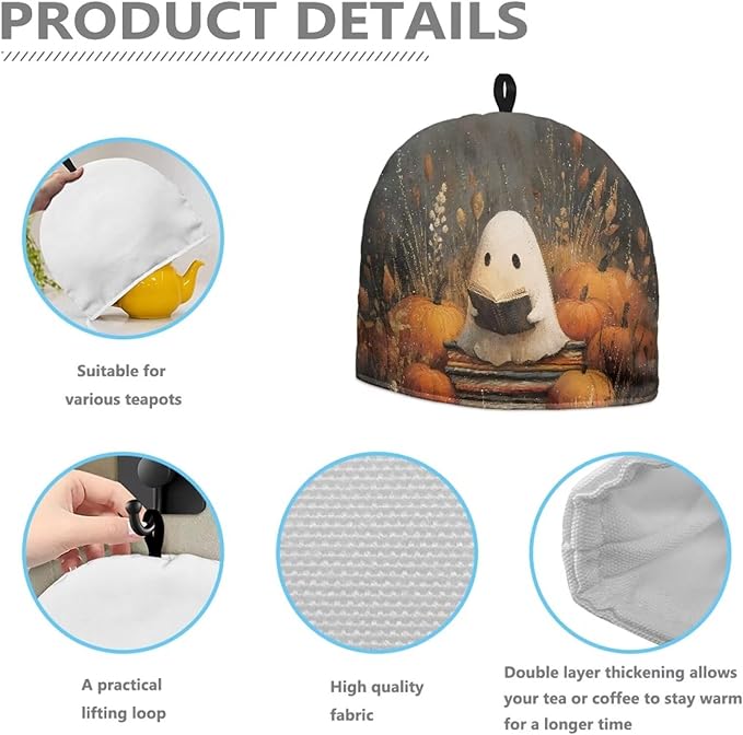 Halloween Tea Cozy for Teapot Cute Pumpkin Ghost Tea Kettle Cover Tea Pot Kitchen Decorative with Handle Dust Cover for Keeping Warm Can Hung and Folded