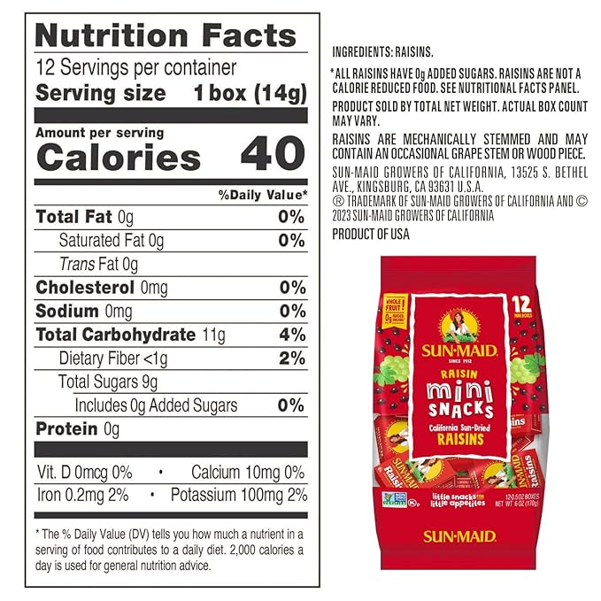 Sun-Maid California Sun-Dried Raisins - (144 Pack) 0.5 oz Snack-Size Box - Dried Fruit Snack for Lunches, Snacks, and Natural Sweeteners