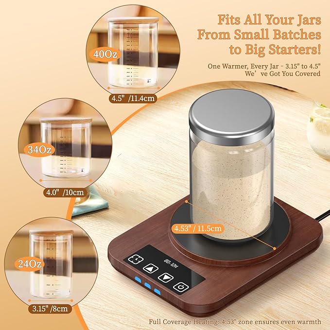 Sourdough Starter Warmer (70-100°F), 1°F Adjustable Sourdough Warming Mat, Waterproof Thermometer Strip, 12H Timer & Auto Shutoff, Safe for Home Bakers & Beginners (US Plug) - Wood Grain