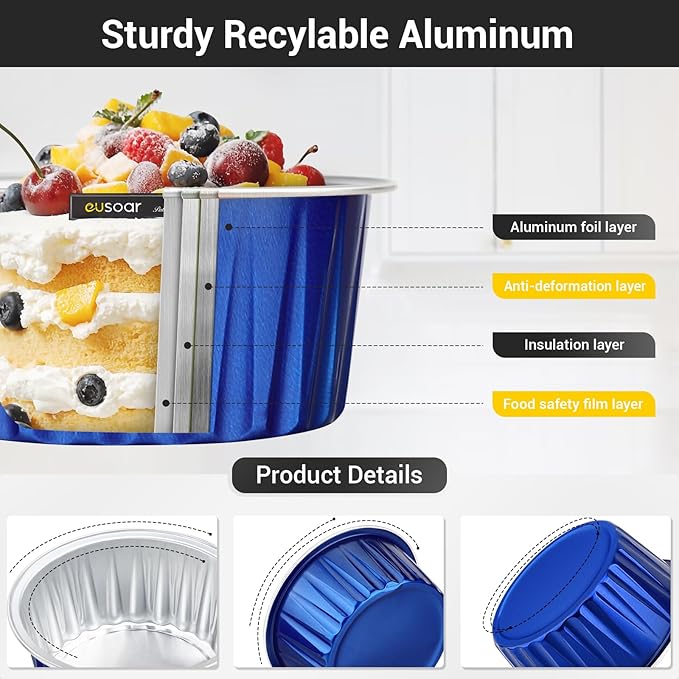 EUSOAR Foil Ramekins, 60pcs 5oz Disposable Mini Aluminum Foil Cupcake Liners Ramekins Cups with Lids for Baking, Dessert Cups Aluminum Cheesecake Pan Creme Brulee Baking Cups for Oven-Royal Blue