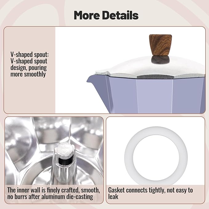 3 Cup Aluminum Moka Pot Purple Classic Stovetop Espresso Coffee Maker 150ml 5oz Coffeemaker Percolator Mocha Pot Greca Coffee Maker Cafe Makers for Italian and Cuban Cafì±?Brewing Purple