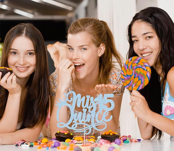 Quinceanera 15 Cake Topper - Light Blue Glitter 15th Birthday or Anniversary Party Cake Decorations for Girls, Mis A챰os 15 Cake Topper, Cheers to 15 Years Birthday Party Photo Booth Props