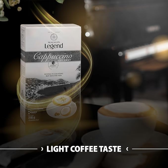 TRUNG NGUYEN LEGEND Cappuccino Coconut Instant Coffee Single Served Stick for Energy Boost (8oz - Box of 12 Sticks)