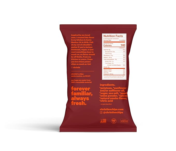 Christie's Chips Backyard BBQ - Super Natural Potato Chips - Sweet & Smoky BBQ Flavor - Vegan, Gluten-Free, and Kid-Approved Snack for Summertime Vibes and Anytime Crunch - 5 oz - 6 pack