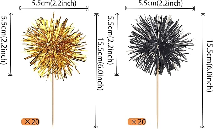 40 PCS Foil Firework Cupcake Toppers Sparkle Tinsel Cupcake Picks Fireworks Birthday Party Decorations Cocktail Fruit Toothpick for Birthday Wedding Graduation Party Decorations Supplies Black Gold