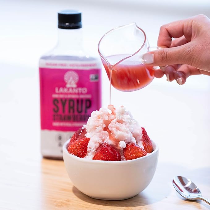 Lakanto Sugar Free Strawberry Syrup - Sweetened with Monk Fruit Sweetener and Erythritol, Made with Real Strawberries, Perfect for Pancakes, Waffles, French Toast, Ice Cream, Lemonade, Desserts, Snacks, and more - 13 fl oz