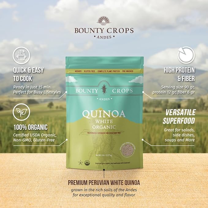 Bounty Crops Organic White Quinoa (5 lb, 80 oz, 2.27 kg), Fiber, Iron and Potassium, Plant Base Protein, Gluten-Free, Non-GMO, Kosher, Vegan Superfood