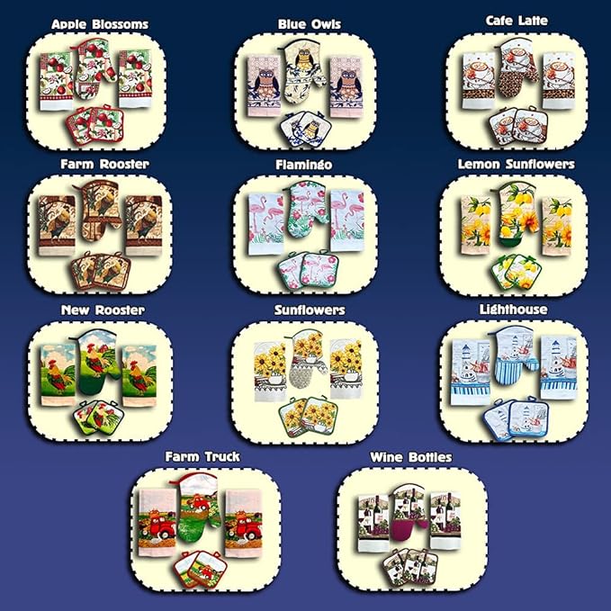 Lobyn Value Packs: Whimsical Blue Owl 5 Piece Kitchen Towel Set, includes 2 Decorative Dish Towels, 1 Oven Mitt & 2 Potholders for Enchanting Style