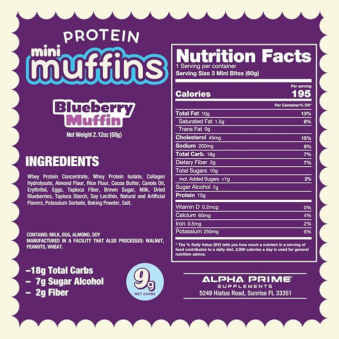 Prime Bites Minis | Protein Mini Muffins from Alpha Prime Supplements | High Protein, Collagen Fortified Low Sugar Treat | Delicious Snack | 12 Packs per Box - Blueberry
