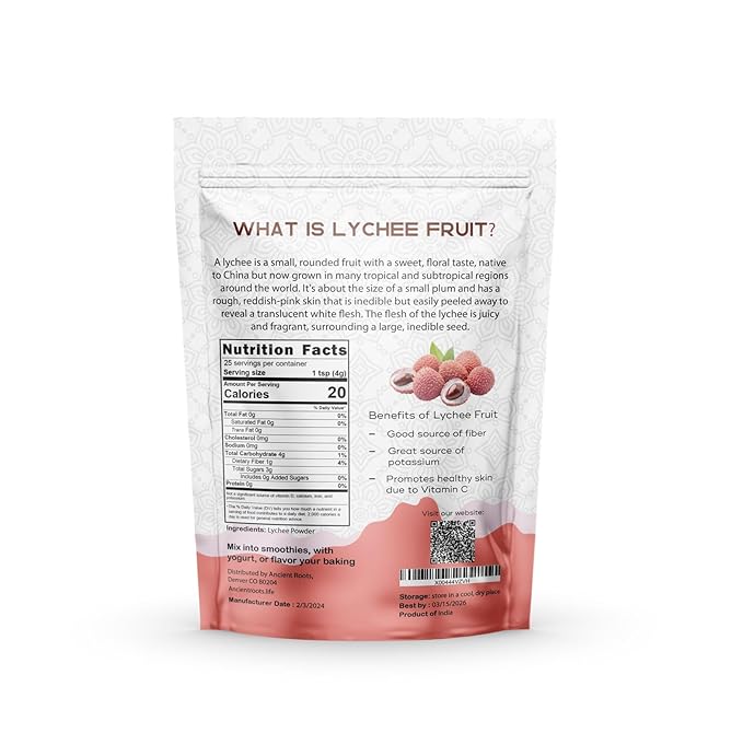 Ancient Roots Freeze-Dried Lychee Fruit Powder ??100% Organic, All-Natural Food Coloring, Rich in Antioxidants, No Added Sugar or Preservatives, 25 Servings (3.5 oz)