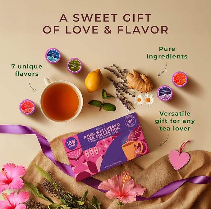 Gya Tea Co Her Wellness Tea Pod Collection Tea Gift Set (16 ct) - 7 Flavors Assorted Variety Pack with Hibiscus, Chamomile Lavender & Ginger