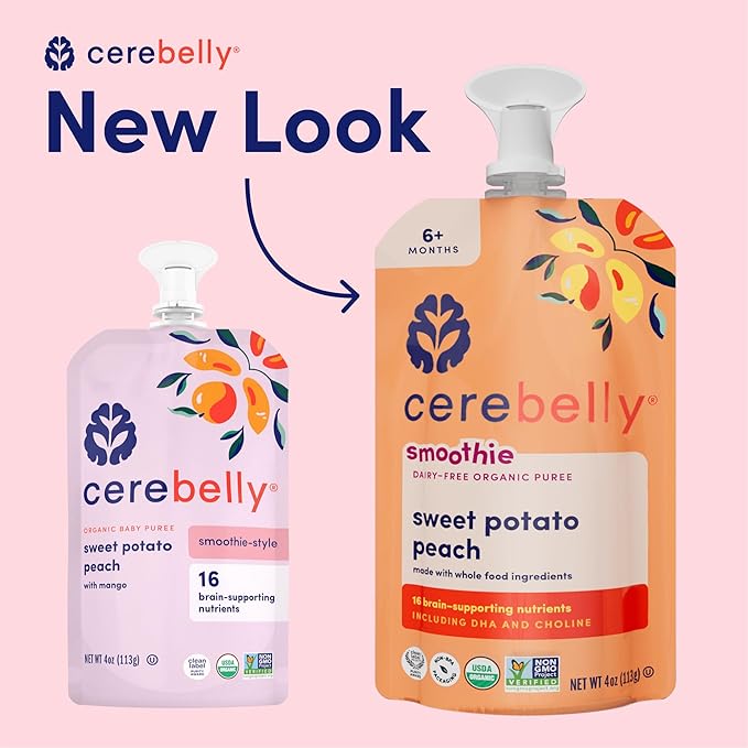 Cerebelly Organic Baby Food Pouches ??Dairy Free Smoothies for Toddlers | No Added Sugar, Fiber, Non-GMO | Toddler Smoothie Pouches | 4oz BPA-Free Baby Food | Sweet Potato Peach | 6 Count