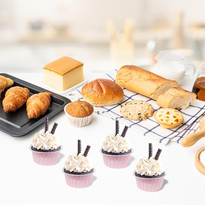 100 PCS Aluminium Foil Baking Cups, Mini Cake Pans with Lids and 100 PCS Spoons, 5 oz Disposable Baking Cups Foil Ramekins For Party Birthday Wedding Valentines (Pink)