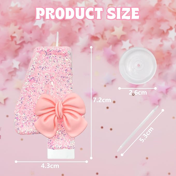 Birthday Cake Candles, Pink Glitter with Bow Cake Candles, Birthday Party Cake Toppers, Cute Birthday Candle Decorations (4)