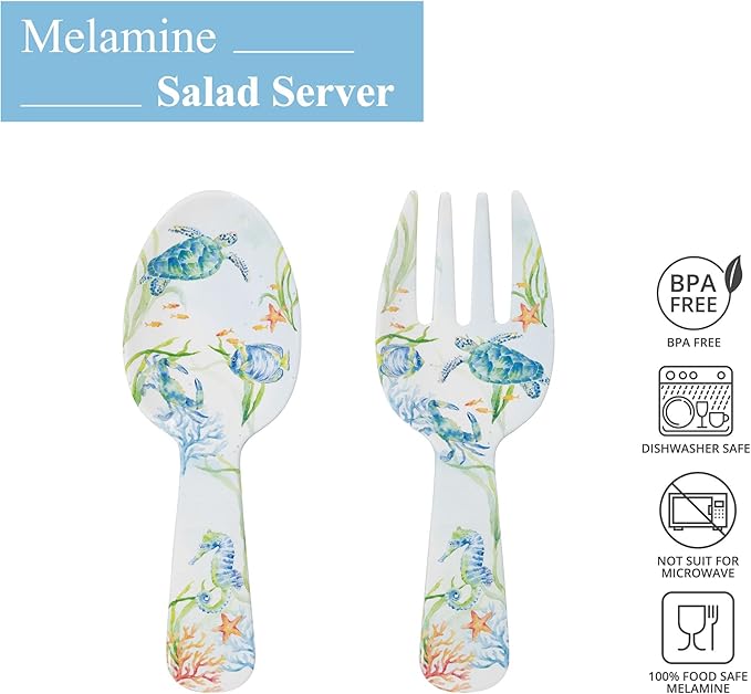 UPware Sea Life Serenade Melamine Salad Servers, Serving Utensil Set, Includes Serving Fork and Spoon for Tossing Salad, Pasta, Multicolor, 10.75 Inch, Set of 2